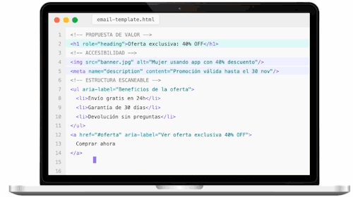 Editor de código HTML de un email con tres secciones destacadas: propuesta de valor, accesibilidad y estructura escaneable. Se señalan con etiquetas las buenas prácticas: alt-text en imágenes y meta name en metadata, elementos clave para que los agentes de IA lean correctamente el contenido del email.